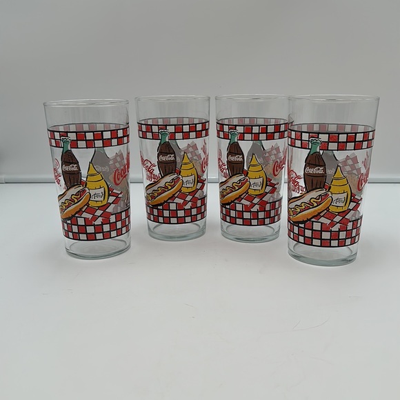 Coca Cola GLASSES 1997 Picnic Bottle and Burger Red Check-set of 4 - Picture 3 of 16